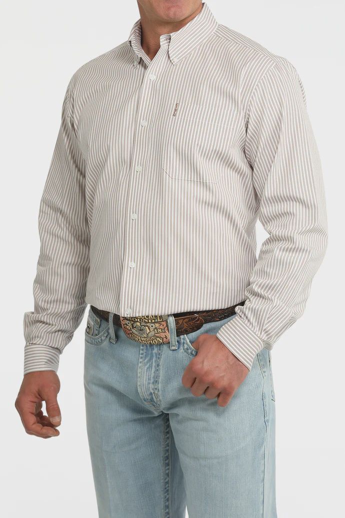 Cinch Men's Khaki Striped Long Sleeve Shirt