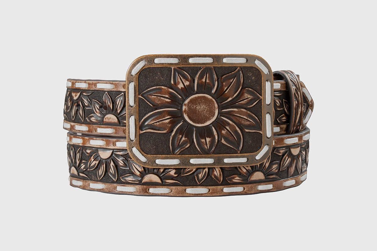 Angel Ranch Ladies Belt 1 1/2 Sunflower Embossed Brown