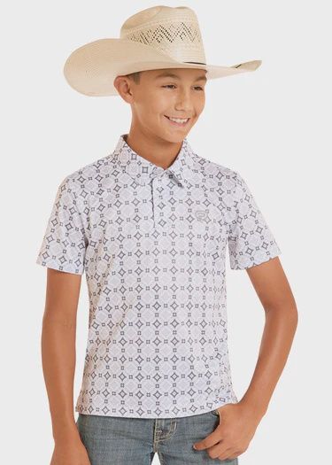 Rock & Roll Boys' Aztec Plaid Polo- White Rock & Roll Boys' Aztec Plaid Polo- White