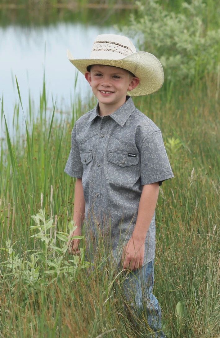 Cinch Boy's Short Sleeve Button Up Shirt - Grey Pattern