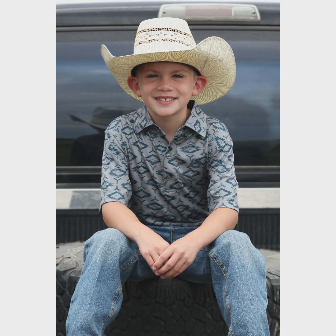 Cinch Boy's Short Sleeve Polo - Grey Aztec