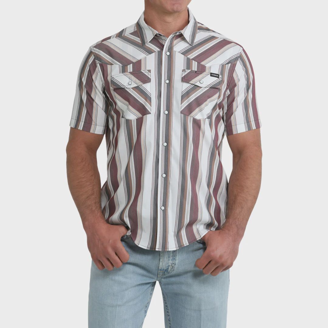 Cinch Men's Short Sleeve Button Up - Burgundy Stripes