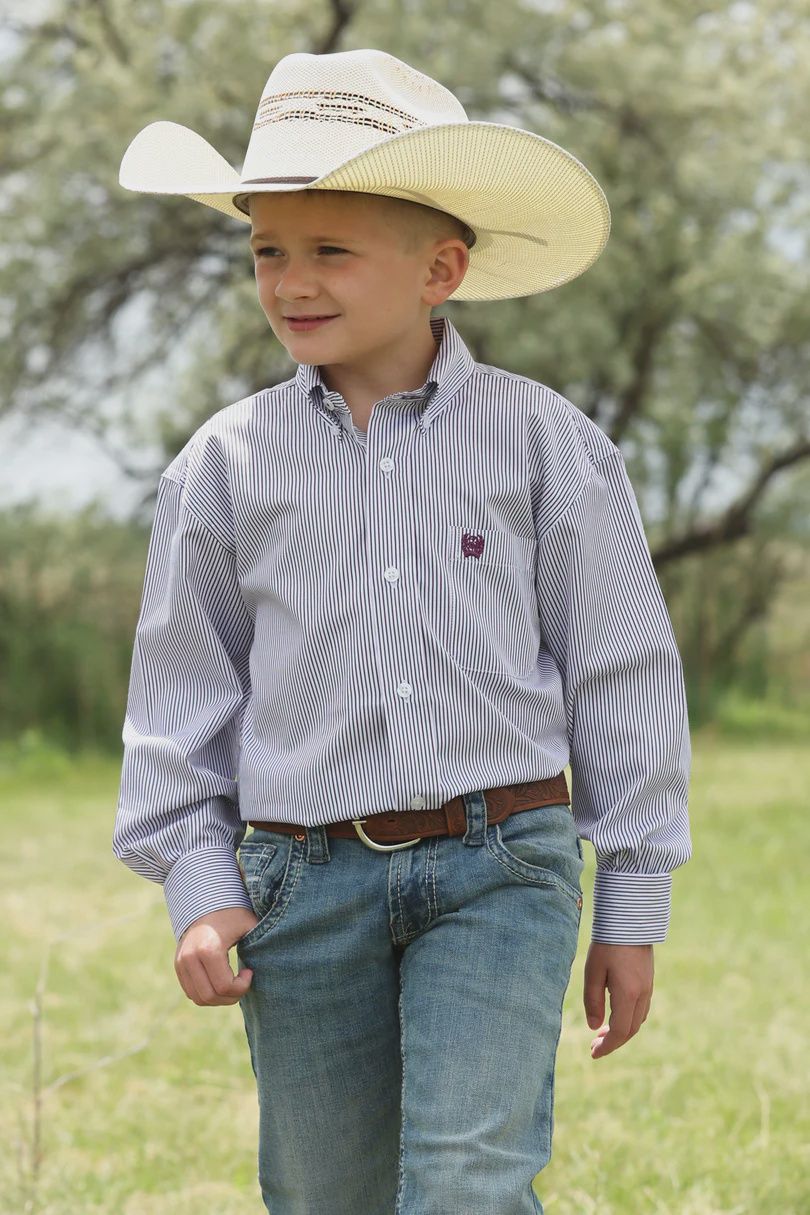 Cinch Boy's Long Sleeve Button Up - Purple Stripes