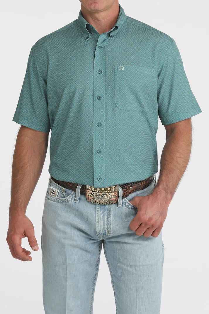 Cinch Men's ArenaFlex Teal Geo Print Short Sleeve Western Shirt