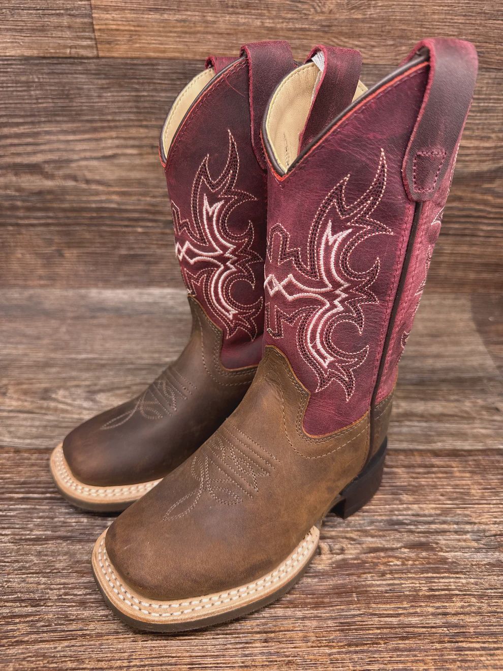 Old West Kid's Square Toe Boot - Maroon &amp; Brown