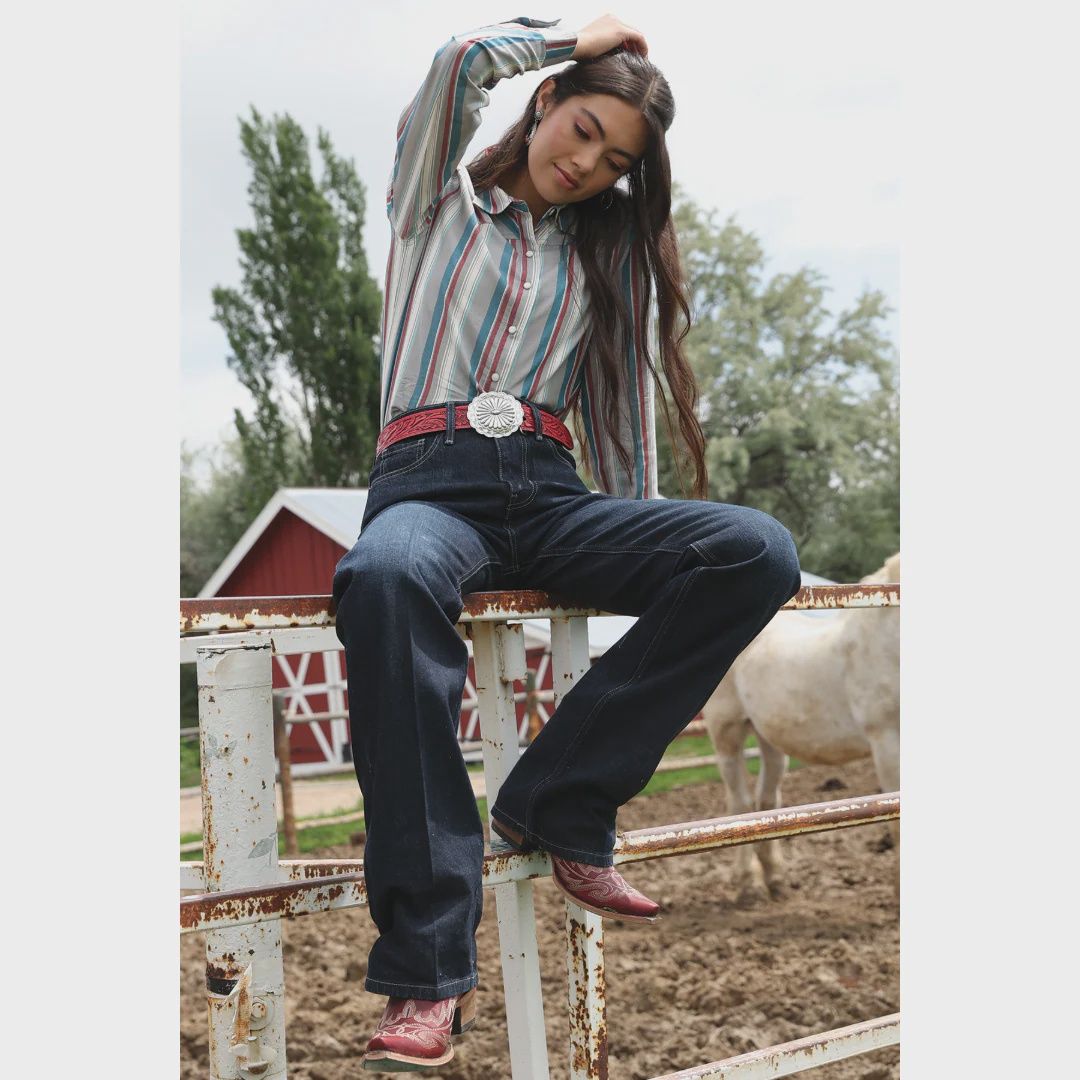 Cruel Denim Women’s Striped Pearl Snap Long Sleeve - Teal, Red, &amp; White