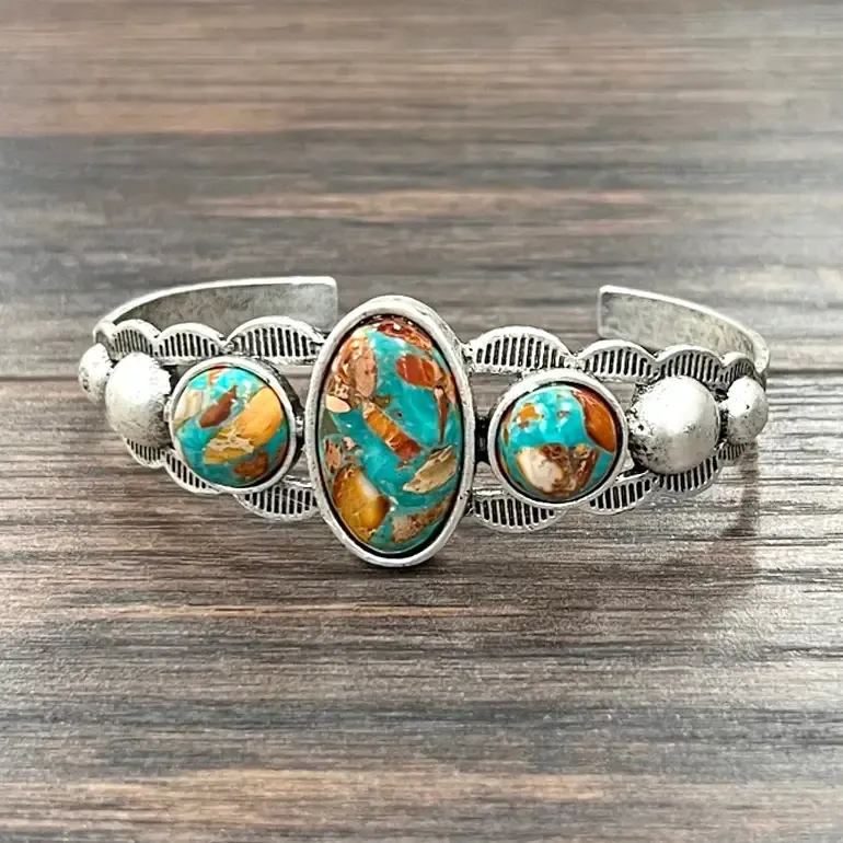 Gemstone Cuff Bracelet - Turquoise &amp; Orange