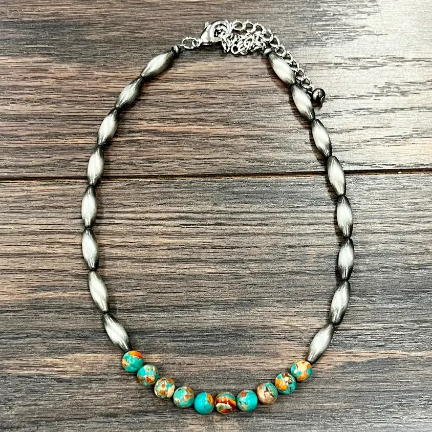 Elongated Turquoise &amp; Orange Beaded Necklace