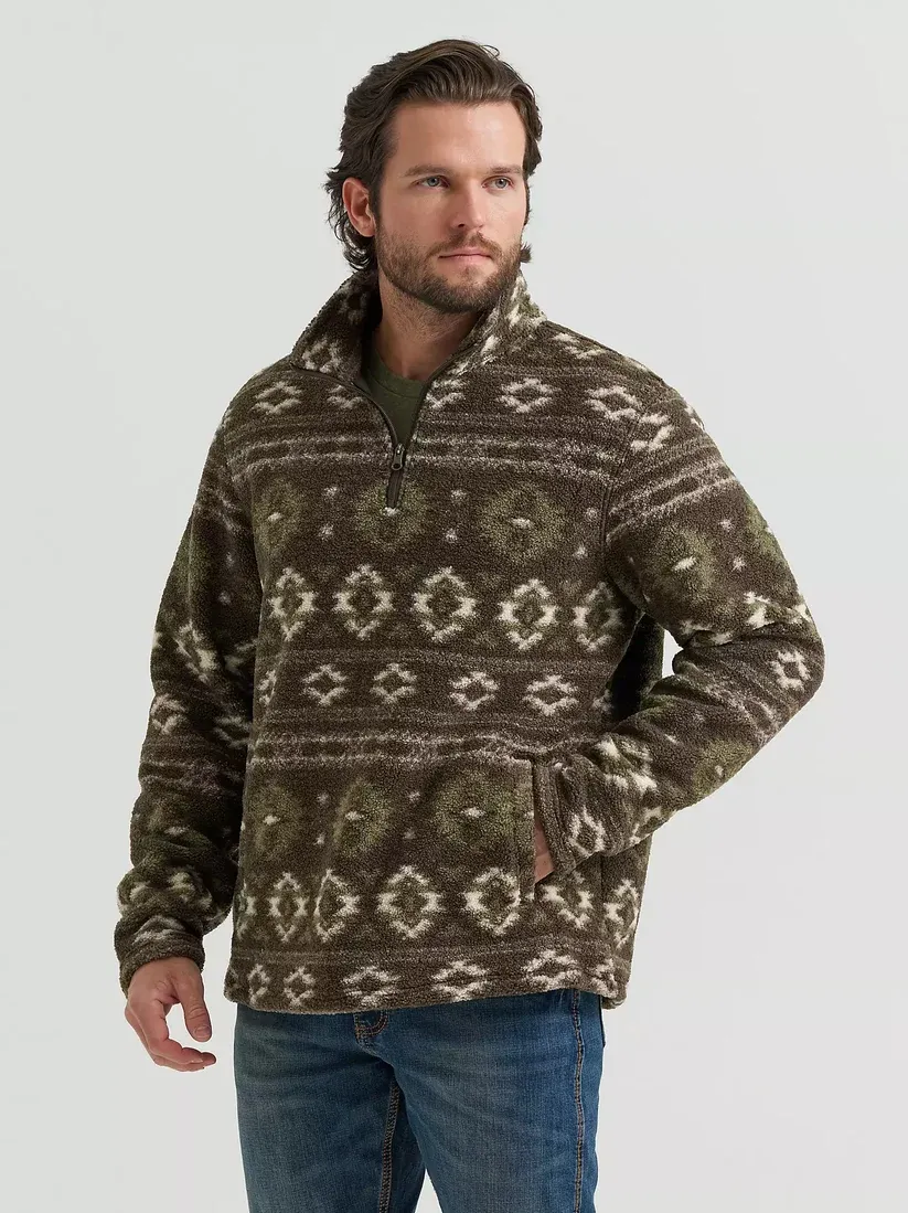 Wrangler Men's Hay Away Sherpa Quarter-Zip Pullover- Black Olive