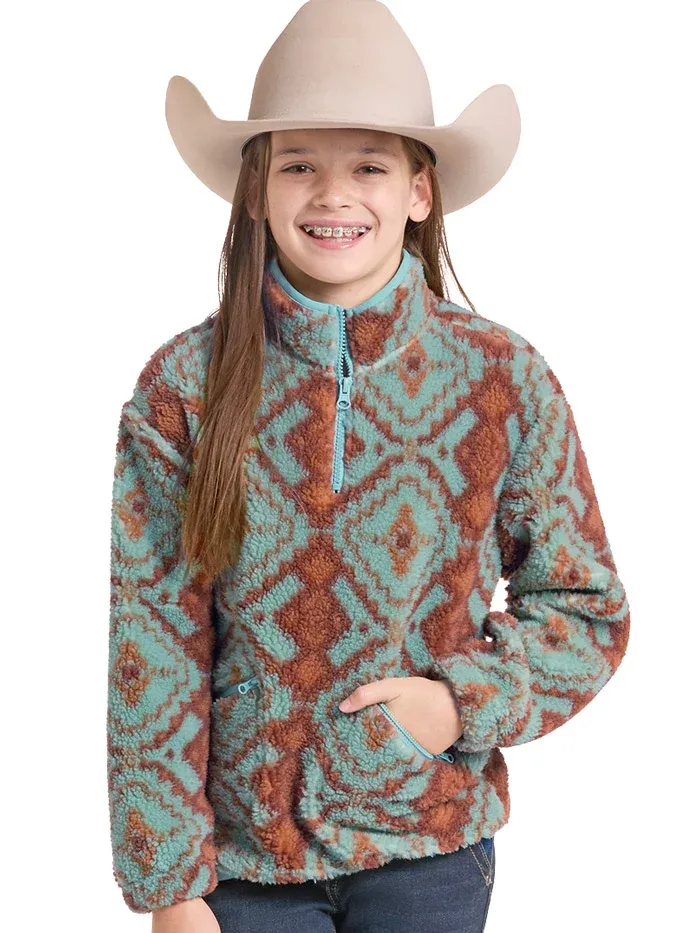 Rock &amp; Roll Denim Kids Aztec Pullover Sherpa - Light Turquoise