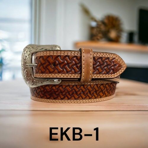 Kids Western Belt Tooled Leather Brown with Silver Engraved Buckle