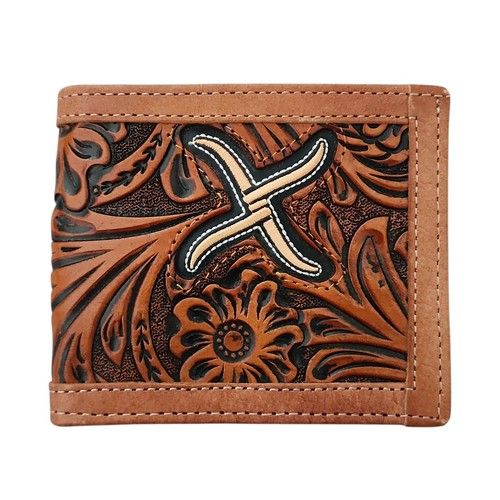 Twisted X Leather Bifold Wallet Floral Tan with Gold Embroidered X