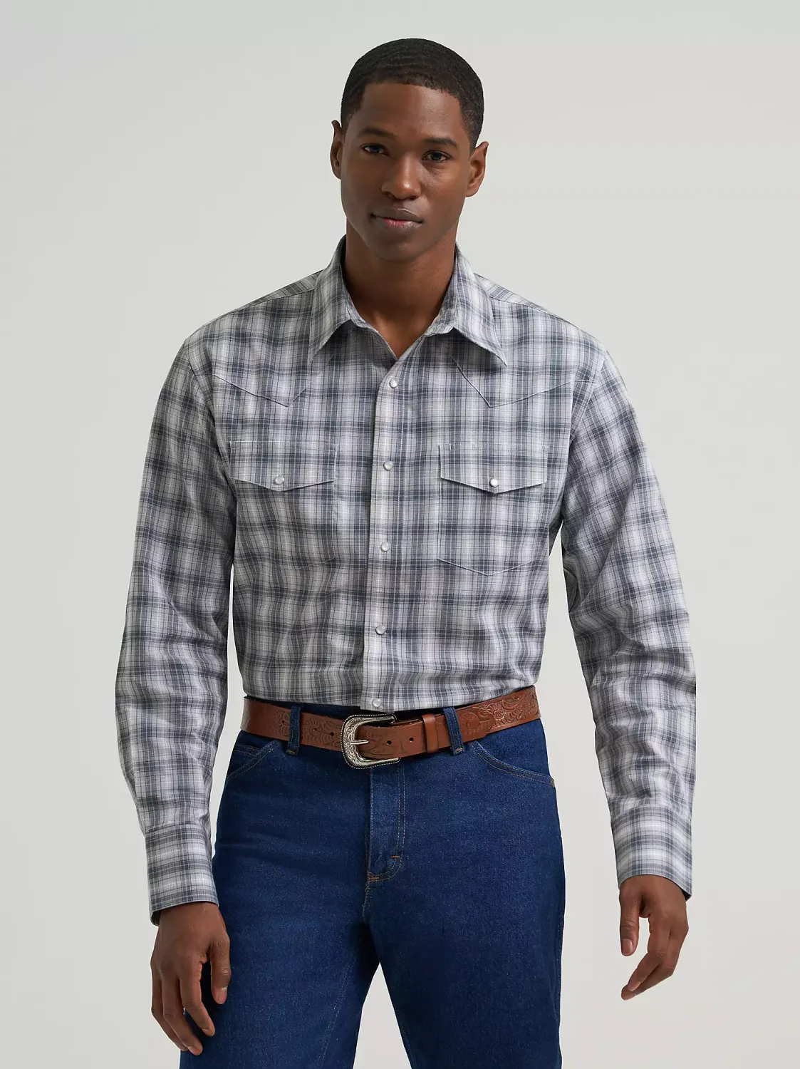 Men's Wrinkle Resist Long Sleeve Western Snap Plaid Shirt - Frontier Stone