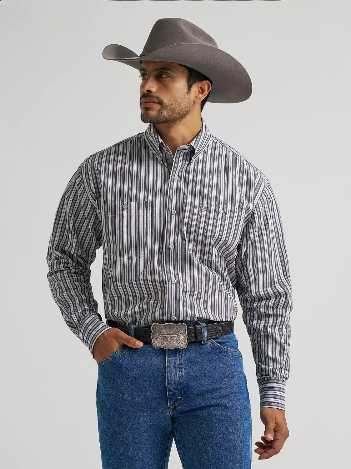 Wrangler® George Strait™ Long Sleeve Button Down Two Pocket Shirt - Smoky Stripe