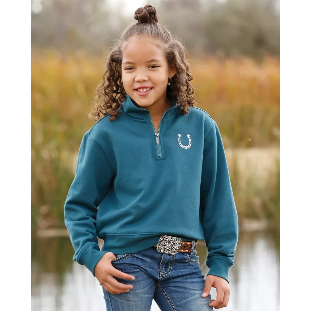 Cruel Denim Youth Girl's Teal Horseshoe 1/4 Zip Fleece Pullover