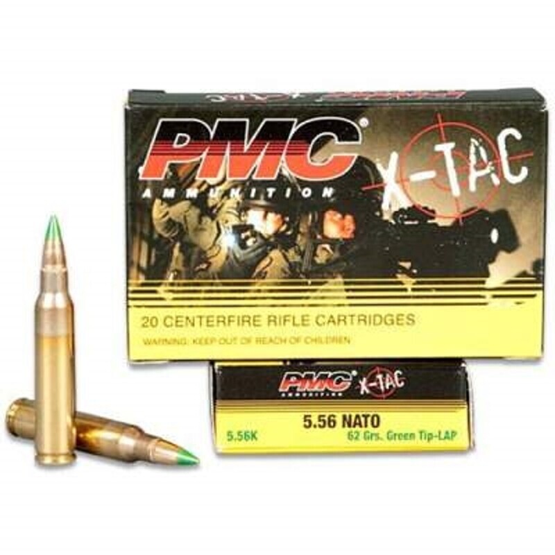 PMC 5.56x45mm NATO Ammunition X-TAC PMC556K M855 SS109 62 Grain Green Tip Steel Core LAP FMJ 20 rounds