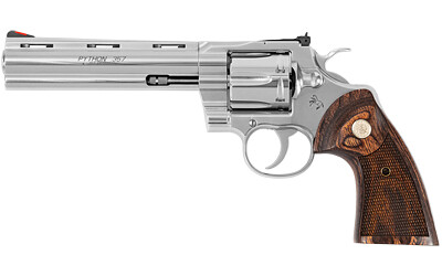 Colt&#39;s Manufacturing, Python, Revolver, Double Action Only, 357 Magnum, 6&quot; Barrel, Steel, Stainless Finish, Walnut Grips, Red Ramp Front/Adjustable Rear Sight, 6 Rounds