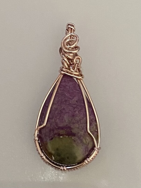 Atlantasite teardrop in Rose Gold Colored Silver plated Parawire.
