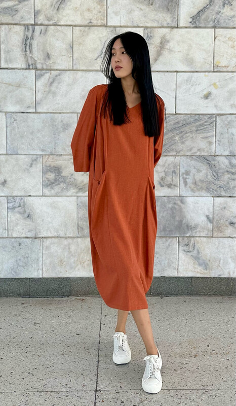 Платье "Бохо", льняное. оранжевое