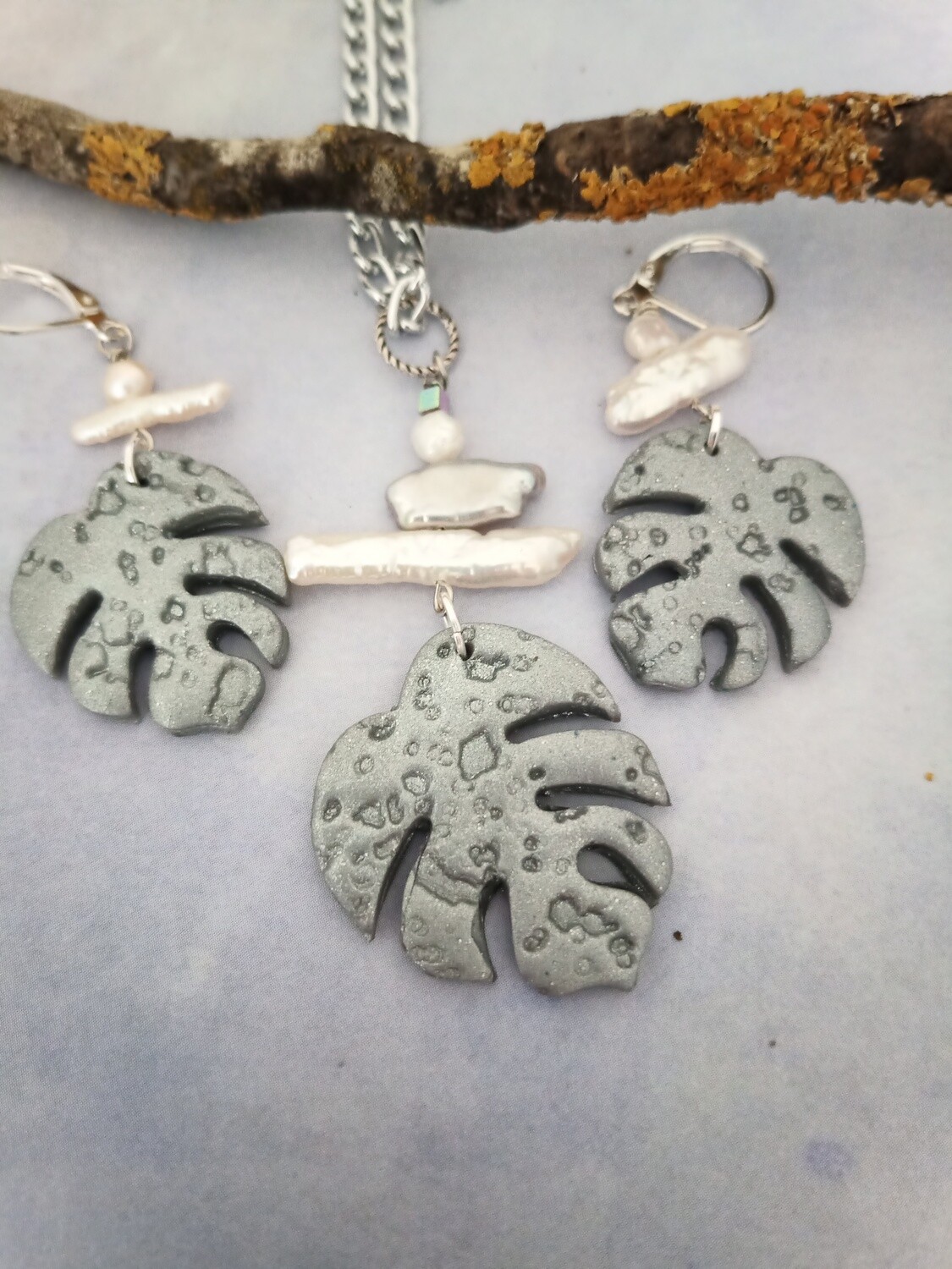 Silver Monstera Leaf Necklace set