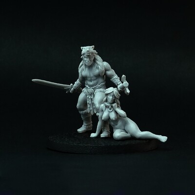 Barbarian with Women, miniature for tabletop RPG by Brother Vinni