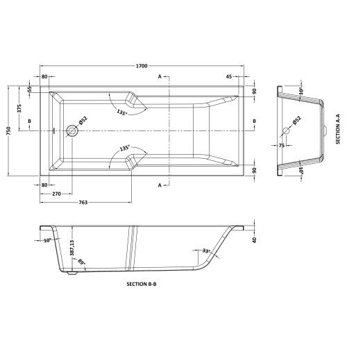 1700mm x 750mm Single Ended Shower Bath & Leg Set NBA710