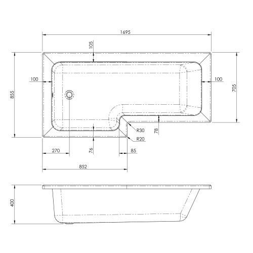 L-Shape 1700mm Shower Bath, Front Panel & Fixed Screen - Left Hand SBATH05
