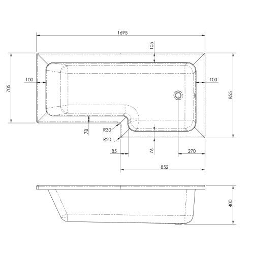 L-Shape 1700mm Shower Bath, Front Panel & Fixed Screen - Right Hand SBATH06