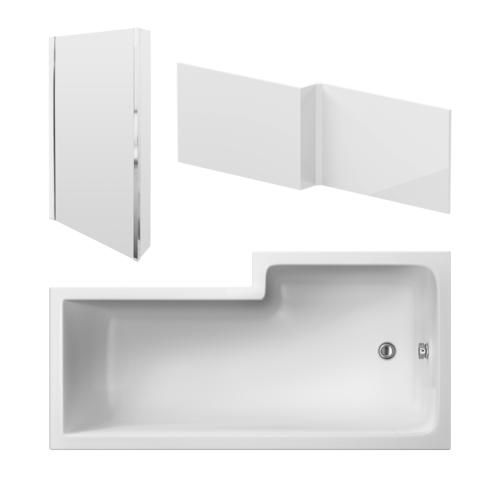 L-Shape 1700mm Shower Bath, Front Panel &amp; Fixed Screen - Left Hand SBATH05
