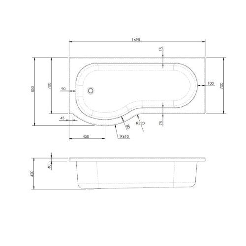 P-Shape 1700mm Shower Bath, Front Panel & Screen - Left Hand SBATH22