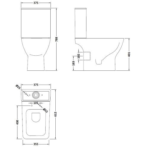 Nuie Ava Rimless Close Coupled Modern Toilet with Push Button Cistern & Soft Close Toilet Seat NCG450