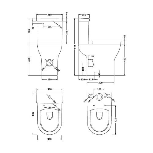 Nuie Freya Rimless Comfort Height Close Coupled Modern Toilet with Push Button Cistern & Soft Close Toilet Seat NCG391