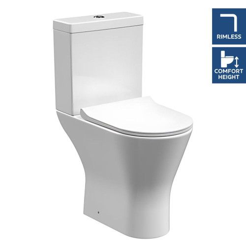 Nuie Freya Rimless Comfort Height Close Coupled Modern Toilet with Push Button Cistern &amp; Soft Close Toilet Seat NCG391