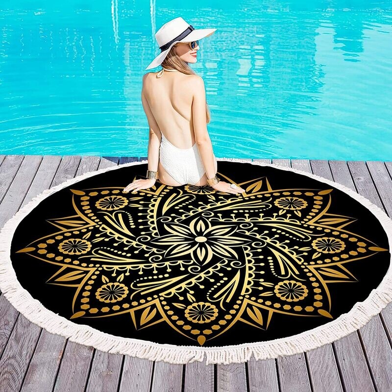 Puraville Round Absorbent Beach Towel Blanket with Tassels,59&#39;&#39;X59&#39;&#39; Soft Microfiber Large Sand Free Quick Dry Beach Blanket for Men and Women Travel Swimming,Pool,Black Mandara