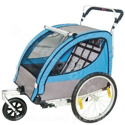 REMORQUE VELO ENFANT 2 PLACES 3 ROUES ALUMINIUM BLEU AVEC ROUE 20"