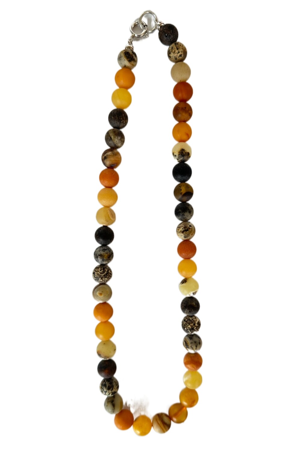 ქარვის ყელსაბამი სხვადასხვა ფერის გაუპრიალებელი მრგვალი ქარვებით