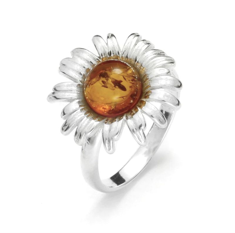 ვერცხლის ბეჭედი ქარვით გვირილის ფორმის (FEB)