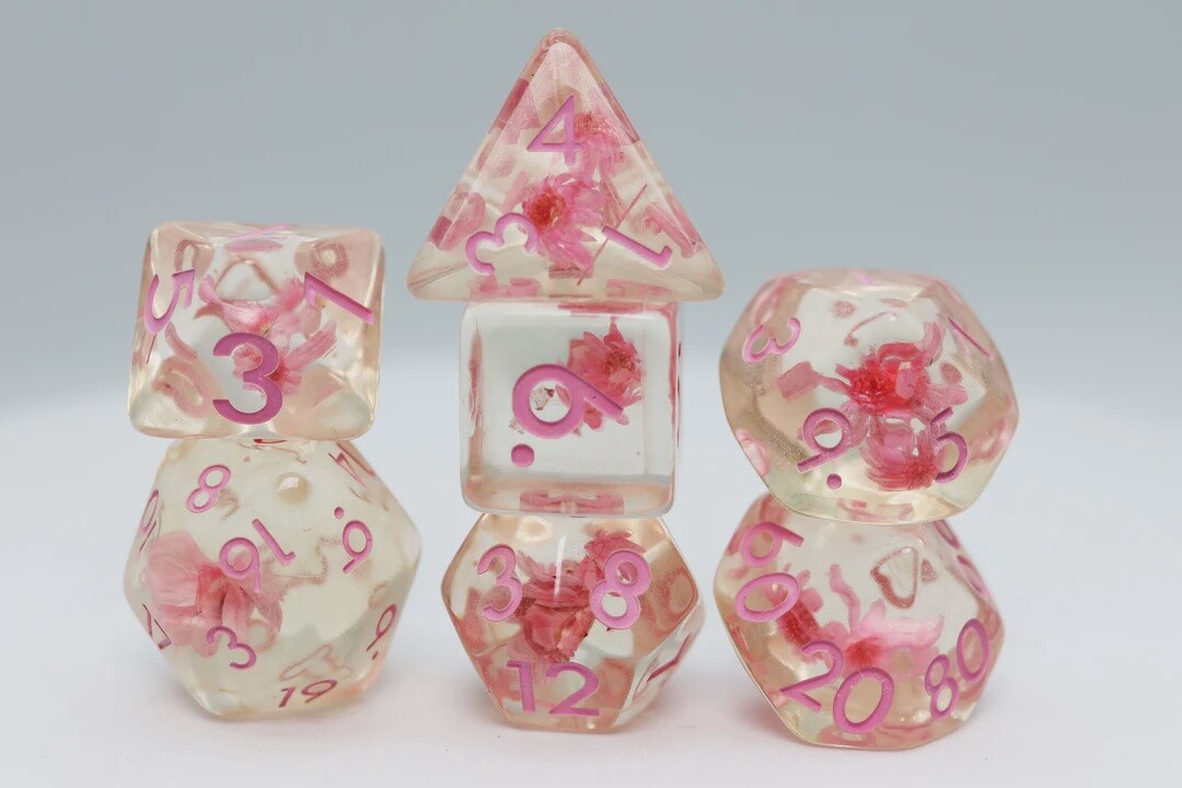 Pink Flowers RPG Dice Set