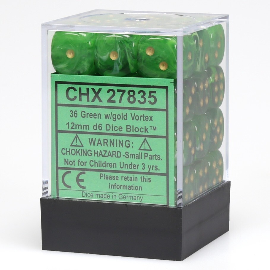 Vortex Green/gold 12mm d6 Dice Block (36 dice)