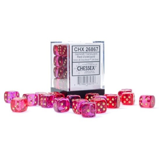 Gemini Translucent Red-Violet/gold 12mm d6 Dice Block (36 dice)