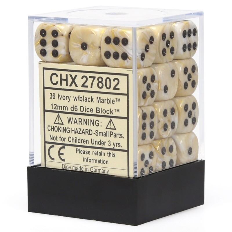 Marble Ivory/black 12mm d6 Dice Block (36 dice)