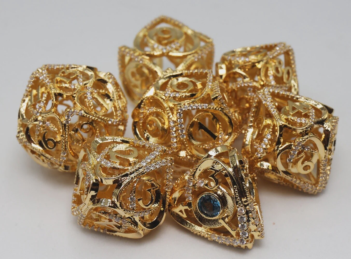 Gold Jeweled Hollow Hearts RPG Metal Dice Set