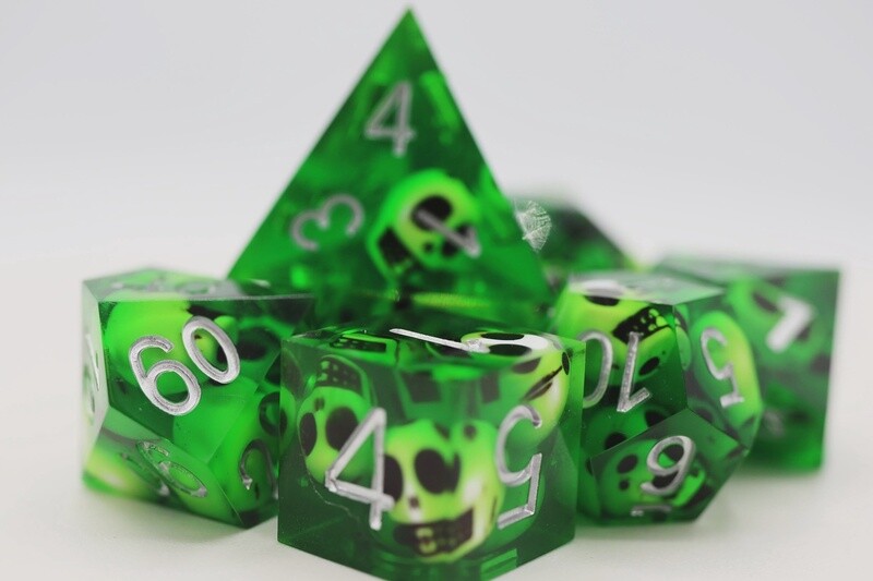 Sharp Edge Resin RPG Dice Set - Green Skull