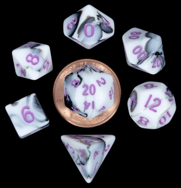 Mini Poly Dice Set: Marble With Purple Numbers