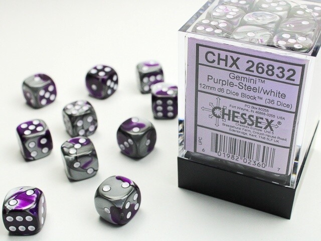 Gemini Purple-Steel/White Chessex 12mm D6