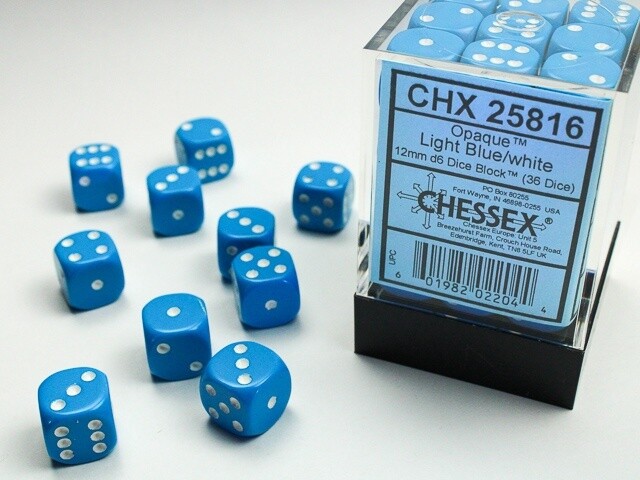 Opaque Light Blue/white 12mm d6 Dice Block (36 dice)
