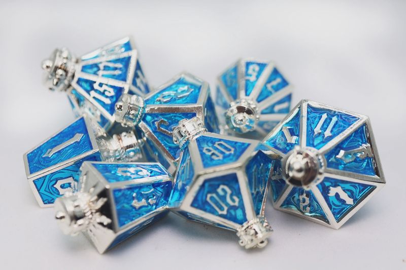 Moonlit Lantern: Silvered Frostfire - Metal RPG Dice Set