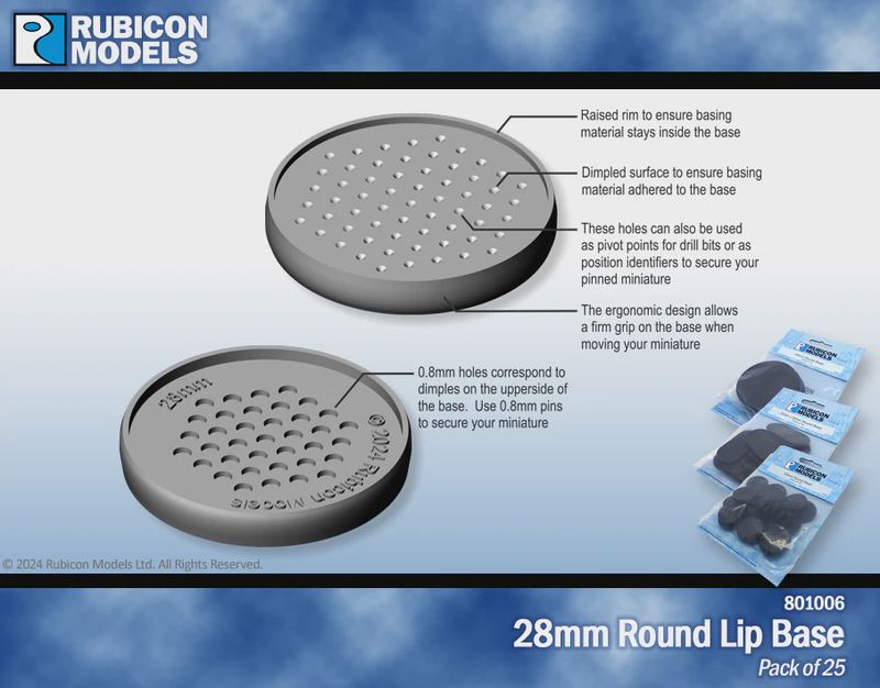 28mm Round Lip Base- 1 package of 25 bases