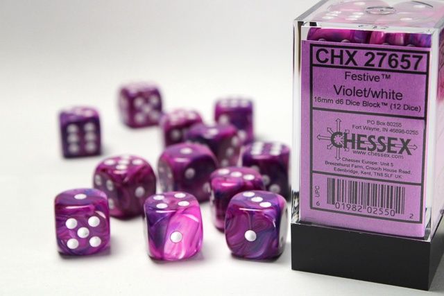 Festive Violet/white 16mm d6 Dice Block (12 dice)