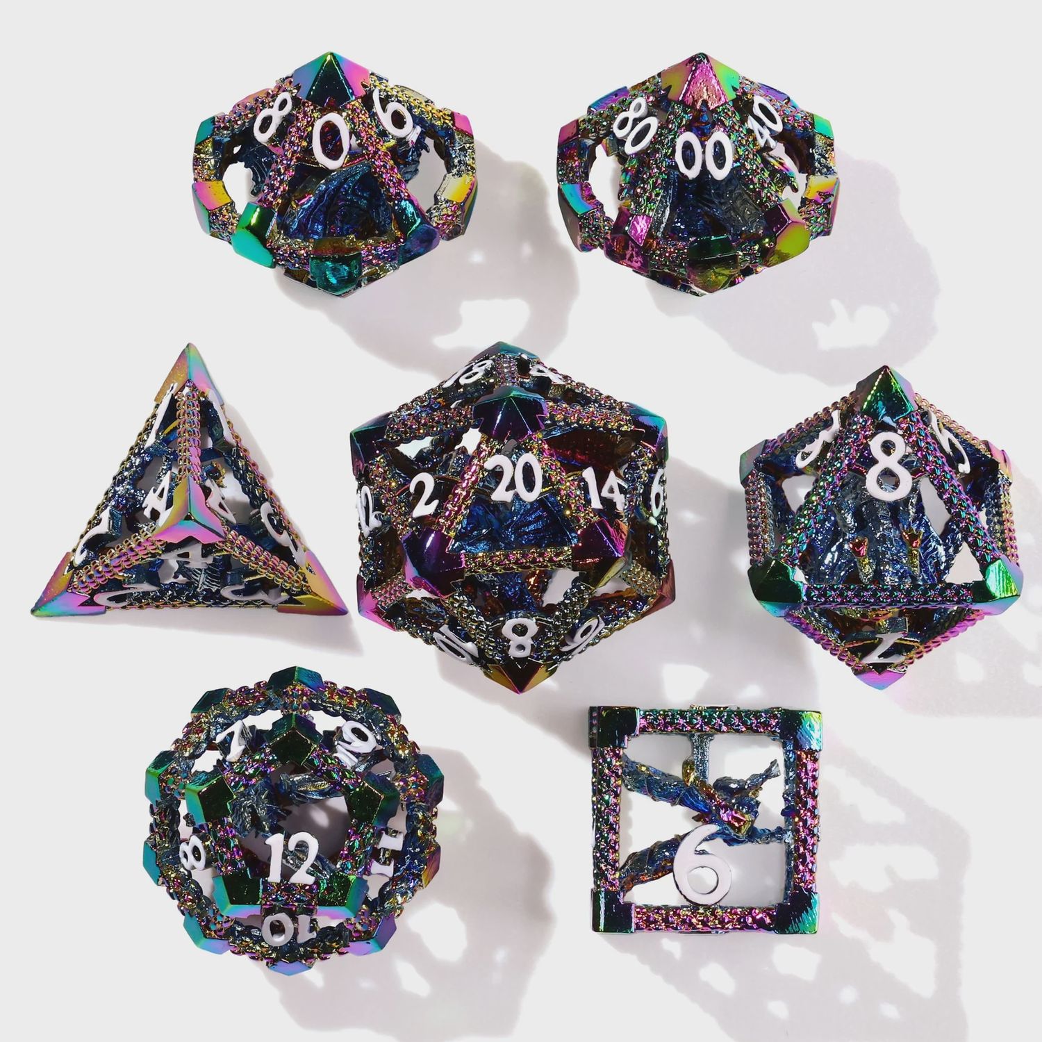 Miniature Rainbow Dragon Metal RPG Dice Set - 7 Pieces